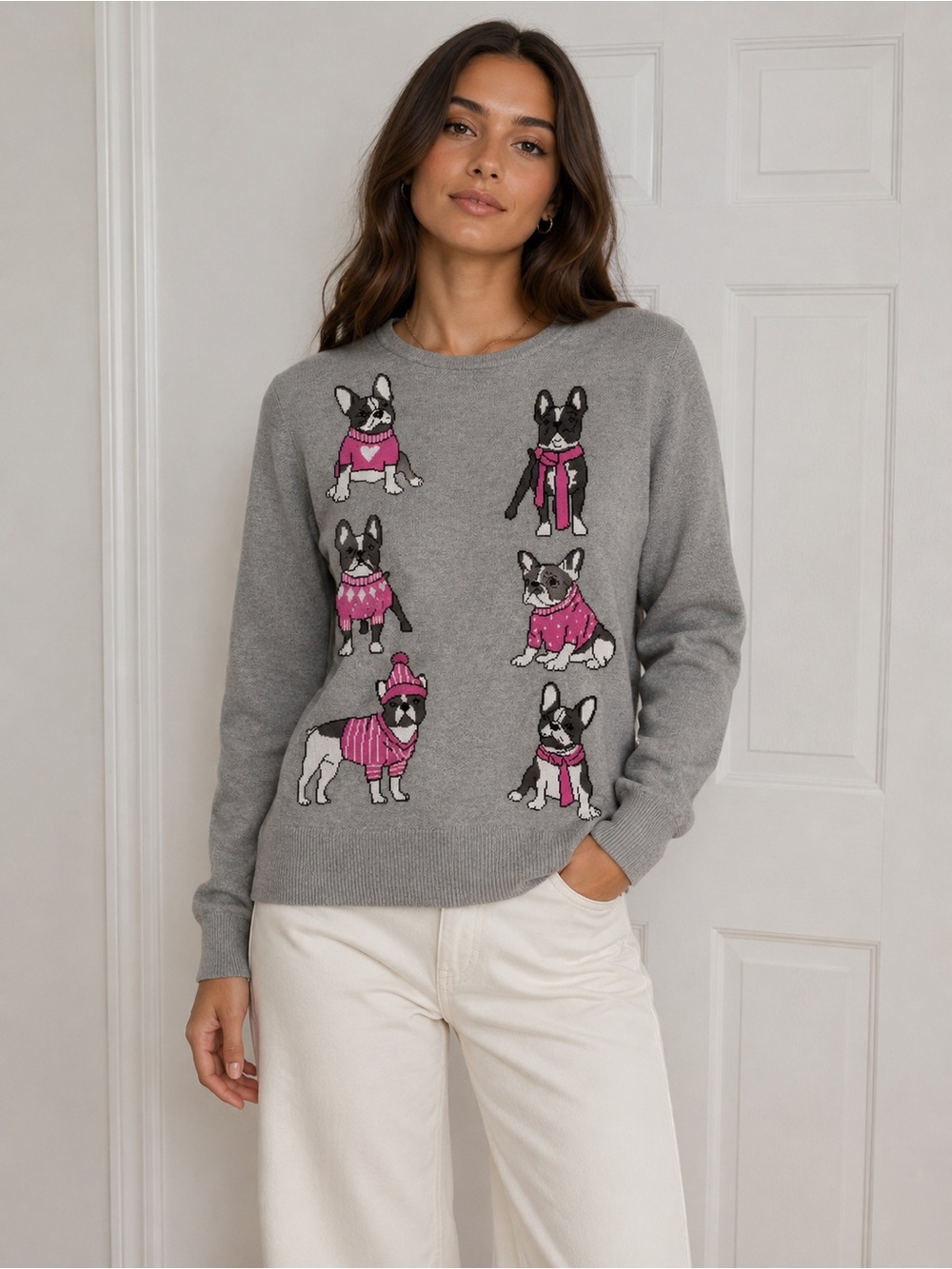 Women's Gray Crewneck Sweater with Pink Dog Motif